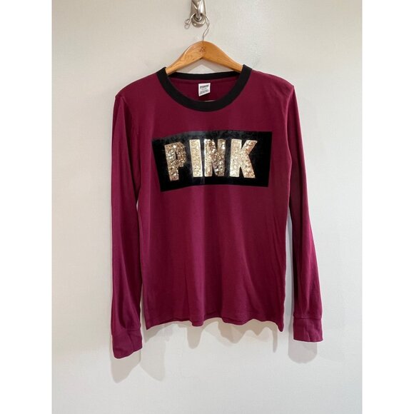 Victoria's Secret Tops - Pink Victoria's Secret Sequin/Velvet T-Shirt Womens M Burgundy Long Sleeve